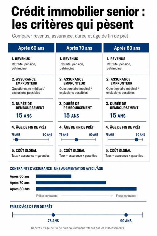 Infographie sur le crédit immobilier senior : âge limite, assurance et durée de prêt