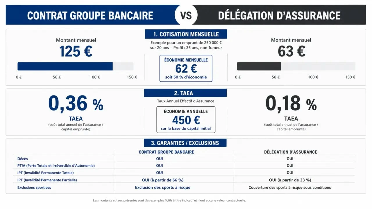 Comparateur assurance ADE en visuel comparant contrat groupe bancaire et délégation d’assurance