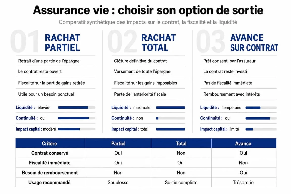 Infographie comparative des options de déblocage d'une assurance vie : rachat partiel, total et avance