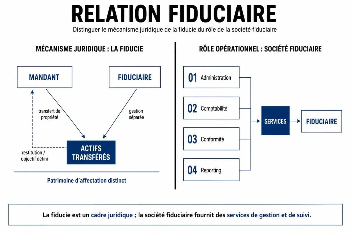 Schéma explicatif de la relation fiduciaire et distinction entre fiducie et société fiduciaire