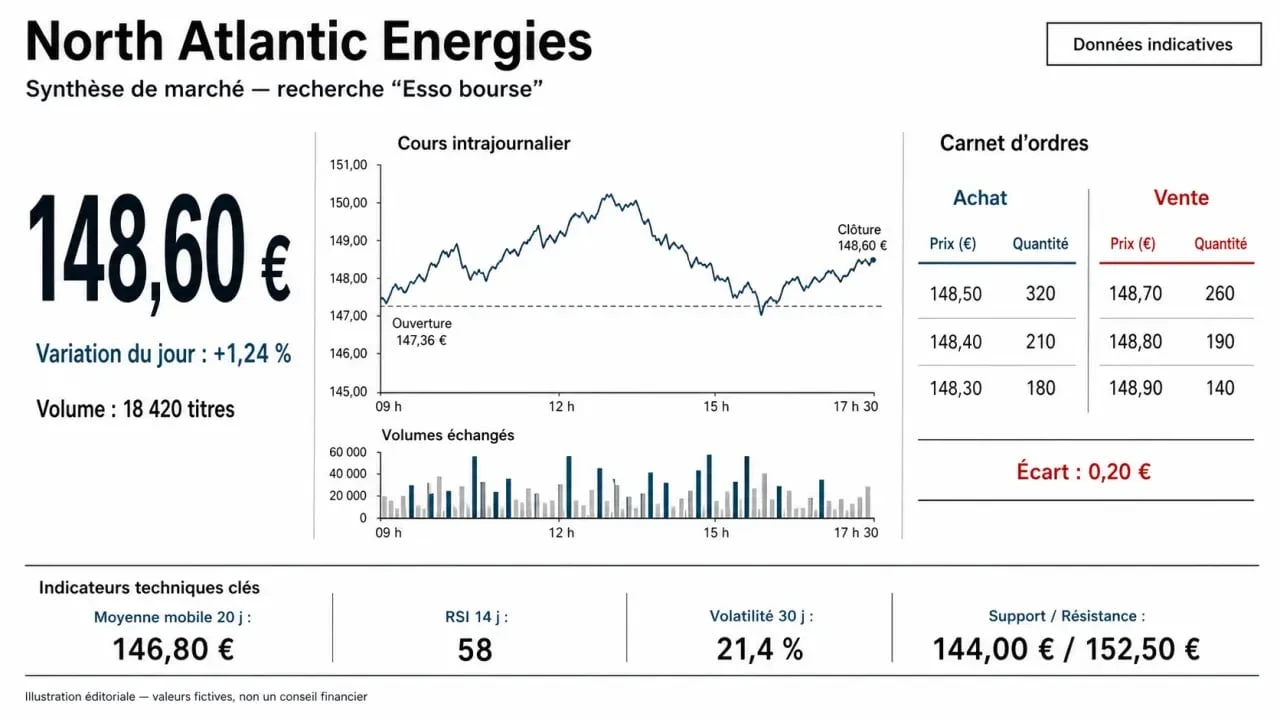 Esso bourse : visualisation éditoriale des cours, volumes, carnet d’ordres et indicateurs de North Atlantic Energies