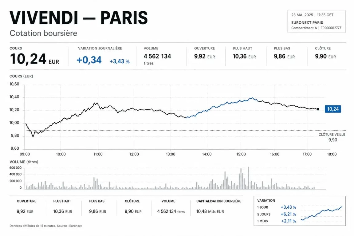Vivendi bourse : illustration éditoriale d’un graphique de cours, variation et volumes