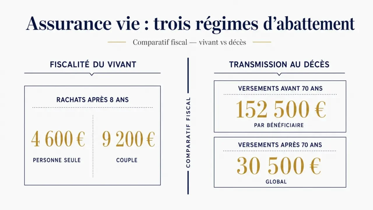 Infographie comparative sur l’abattement assurance vie avec les seuils 4 600 €, 152 500 € et 30 500 €