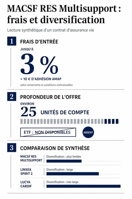 Assurance vie MACSF : infographie comparative des frais, supports et avantages du contrat RES Multisupport
