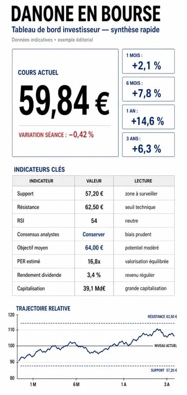 Danone bourse : infographie éditoriale des indicateurs clés de l’action Danone, cours, tendance, consensus et valorisation