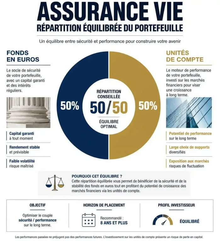 Infographie illustrant la diversification d'un placement assurance vie entre fonds en euros et unités de compte
