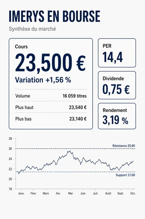 Imerys bourse : visuel des indicateurs clés de l’action avec cours, volume, dividende, rendement et niveaux techniques
