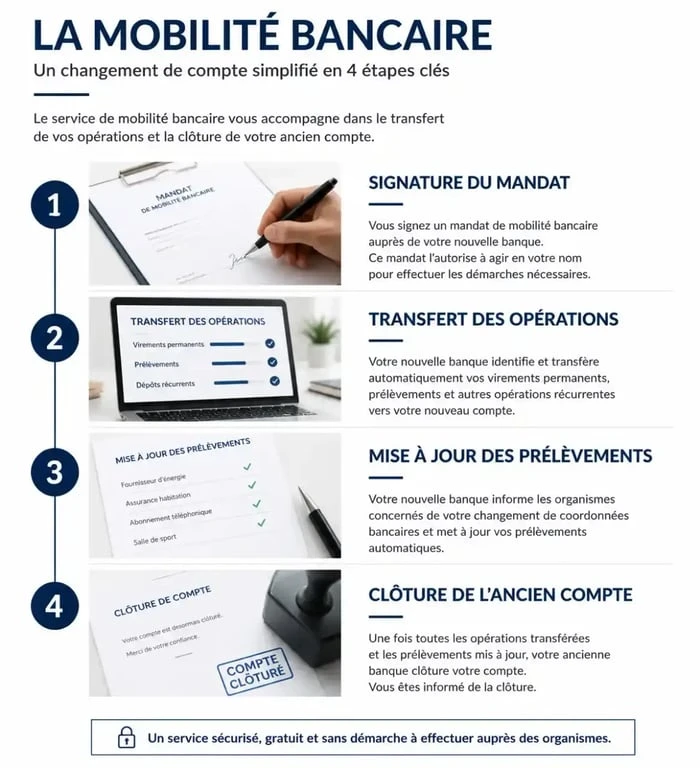 Schéma explicatif du processus de mobilité bancaire pour un transfert de compte réussi