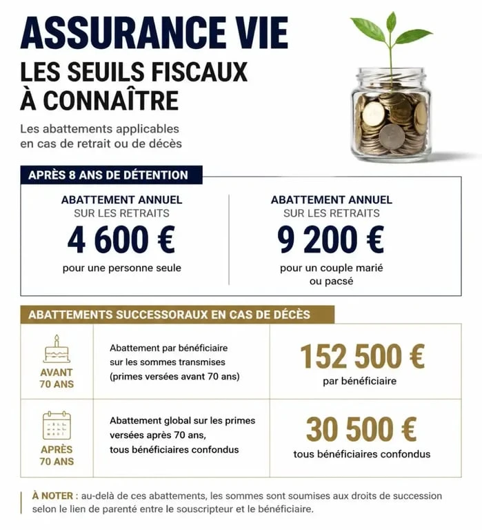 Infographie des avantages fiscaux et seuils de l'assurance vie