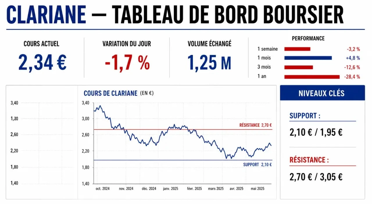 Infographie Clariane bourse avec cours, volume, performance et niveaux techniques