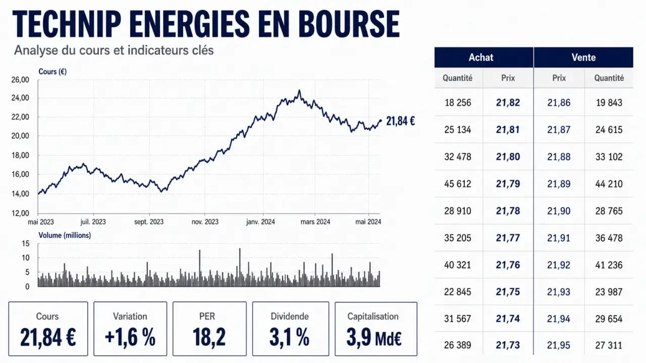 Technip Energies bourse : illustration éditoriale des cours, volumes et indicateurs clés