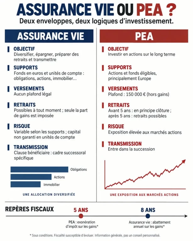 Infographie comparative assurance vie et PEA : fiscalité, supports, retraits et transmission