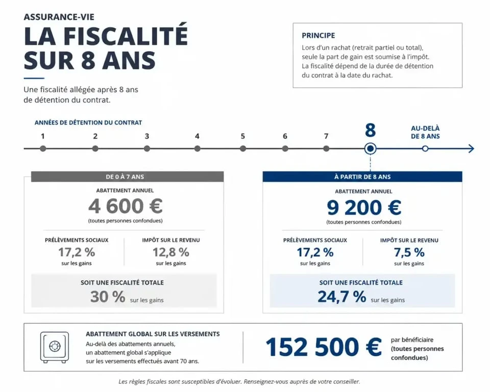 Frise de la fiscalité de l'abeille assurance vie avant et après 8 ans