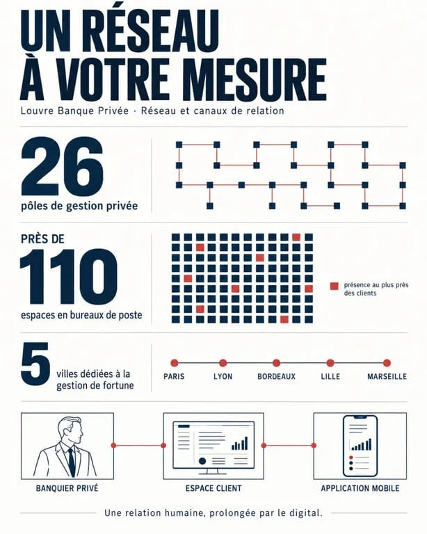 Infographie sur Louvre Banque Privée, son réseau de gestion privée et ses services à distance