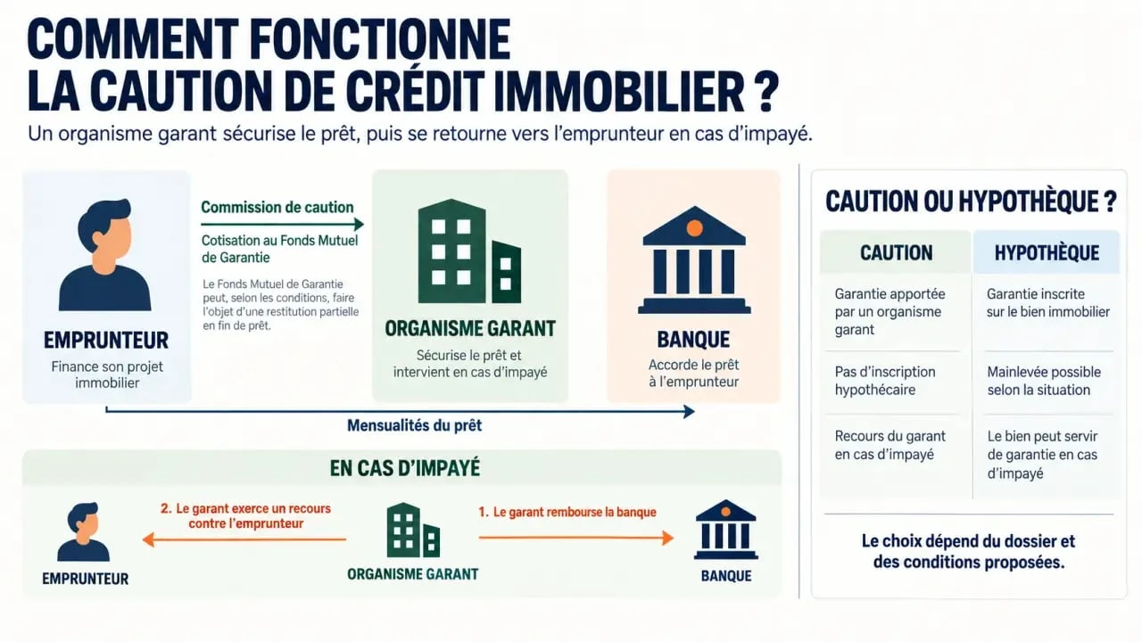 Infographie sur le fonctionnement d'une caution de crédit immobilier entre banque, emprunteur et organisme garant
