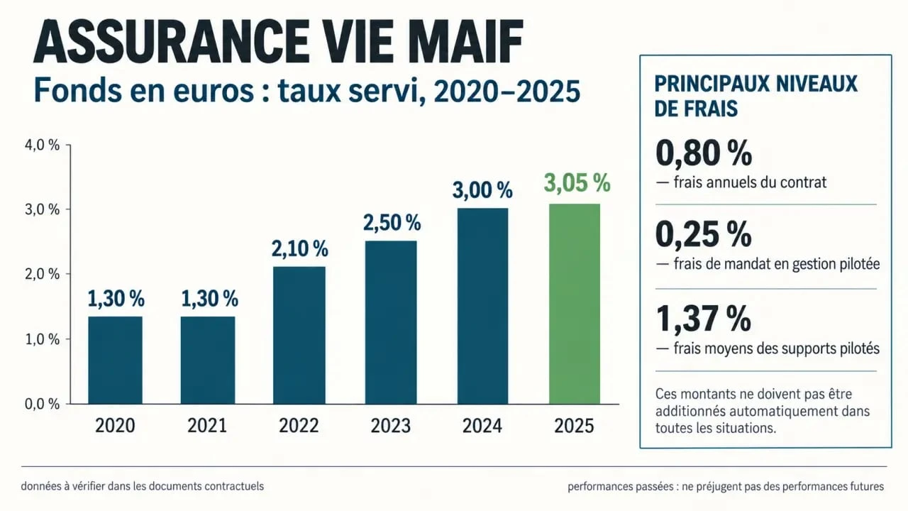 Infographie sur l'assurance vie MAIF avis, avec historique du fonds en euros et principaux frais