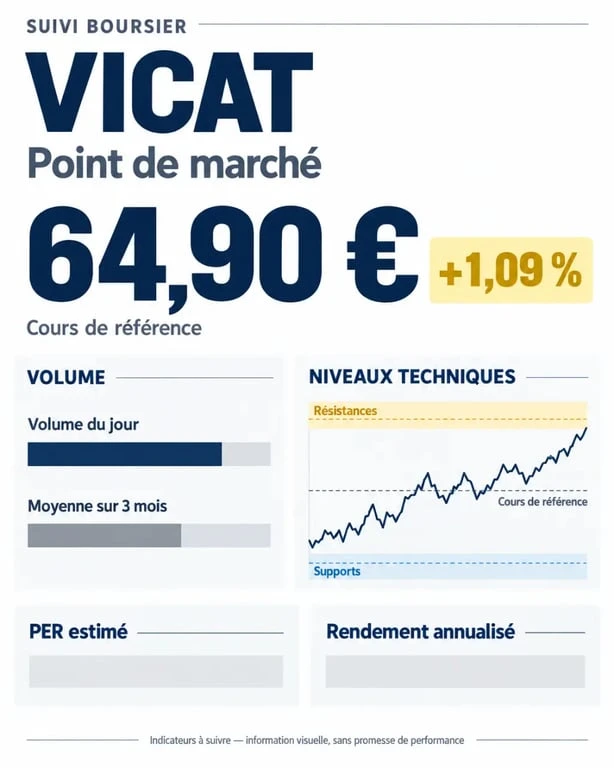 Infographie sur l’action Vicat en Bourse avec cours, volume, supports, résistances et indicateurs financiers