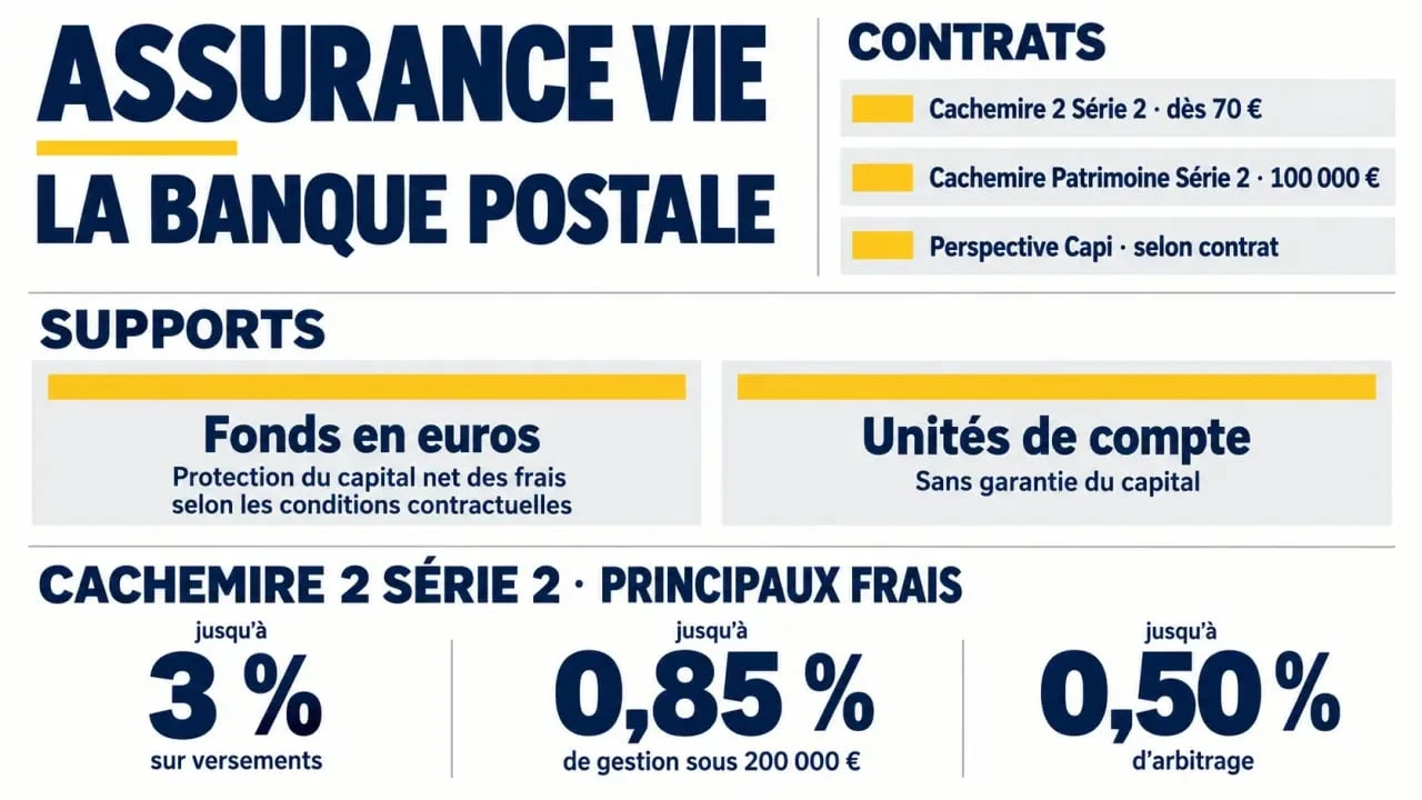 Infographie sur l’assurance vie La Banque Postale, les contrats, les risques et les principaux frais