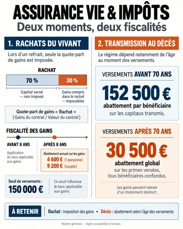 Infographie sur l’assurance vie et les impôts : fiscalité des rachats et transmission au décès