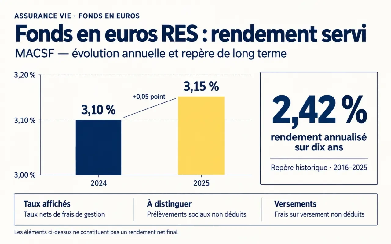 Infographie sur le rendement du fonds en euros RES de la MACSF en 2024 et 2025