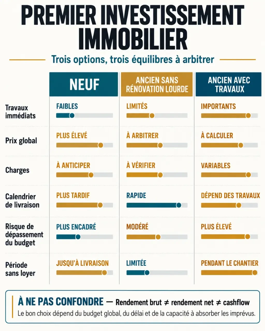 Infographie sur le premier investissement immobilier : neuf, ancien et ancien avec travaux
