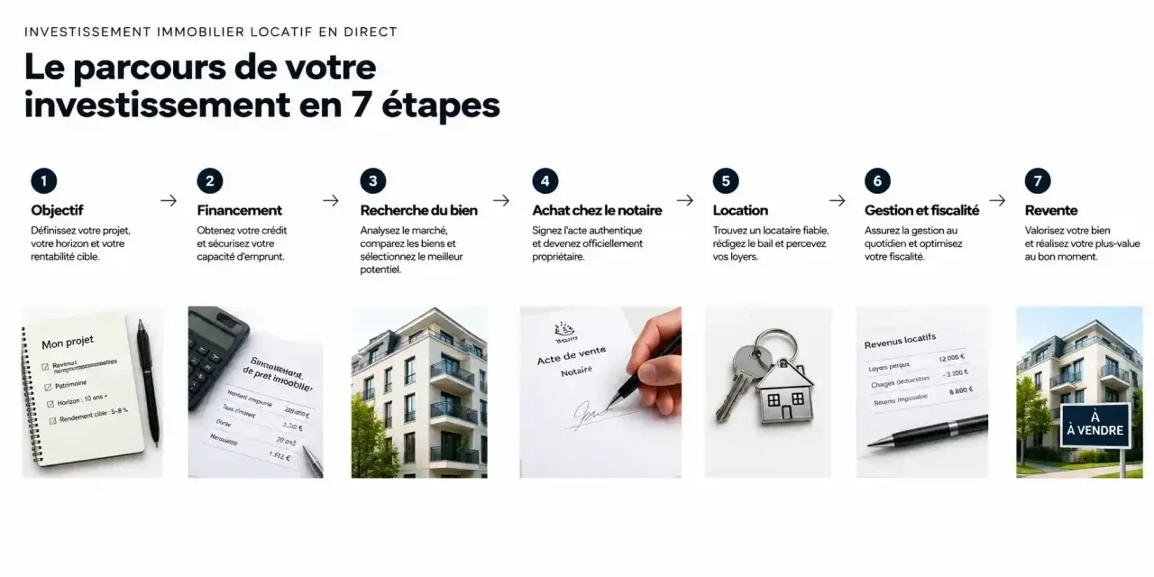 Étapes du parcours d'investissement immobilier en direct, du financement à la revente